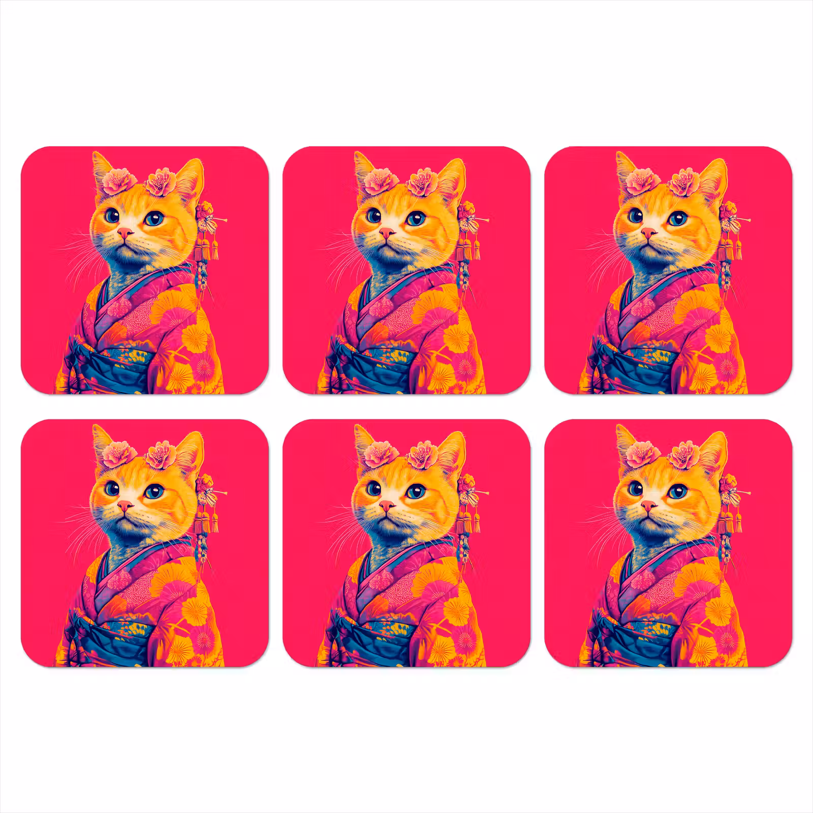 Onderzetter - Kat - Kimono - Bloemen - Roze — 1