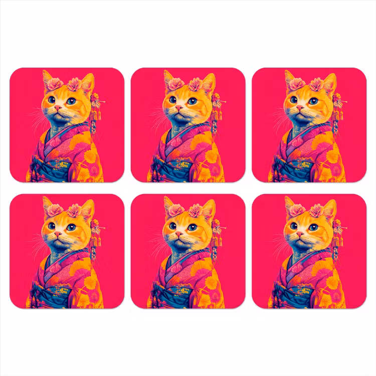 Onderzetter - Kat - Kimono - Bloemen - Roze — 1