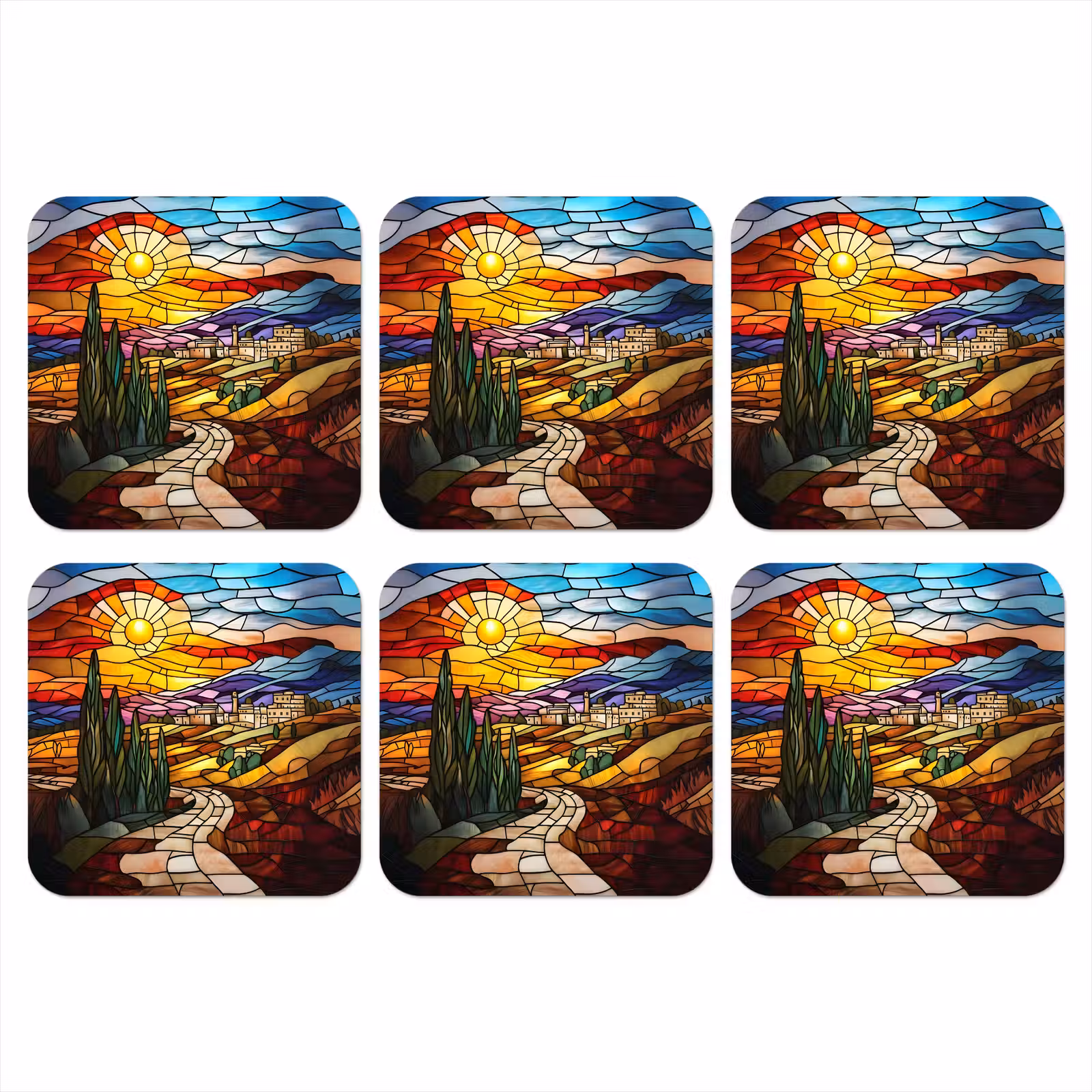 Onderzetter - Mozaïek - Zon - Landschap - Dorp — 1