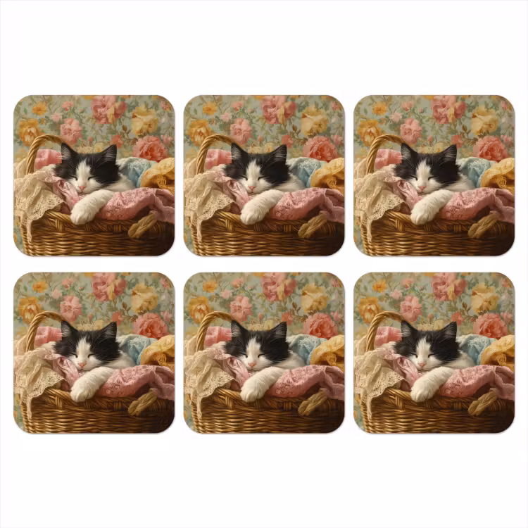 Onderzetter - Kat - Bloemenprint - Rieten mand — 1