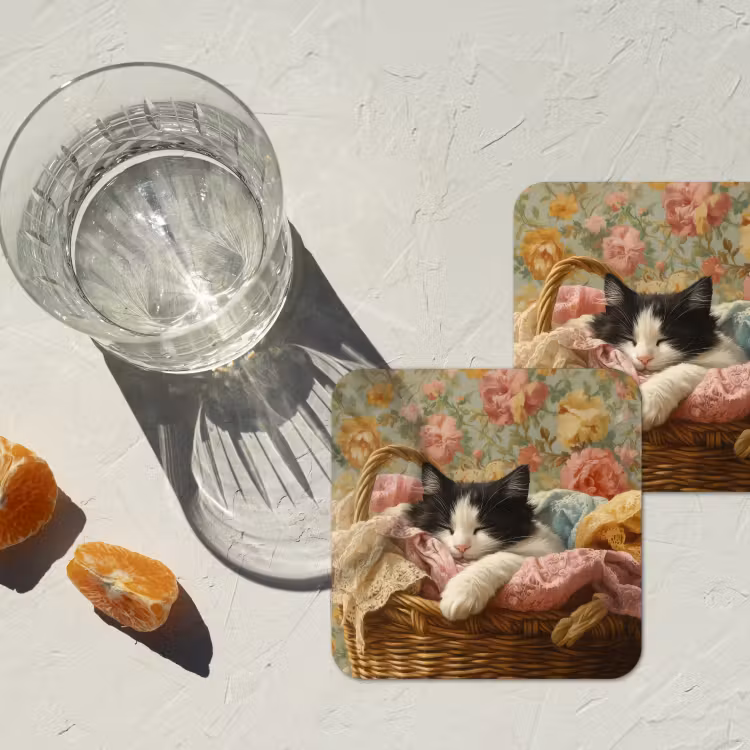 Onderzetter - Kat - Bloemenprint - Rieten mand — 3