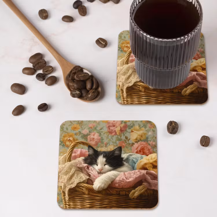 Onderzetter - Kat - Bloemenprint - Rieten mand — 4