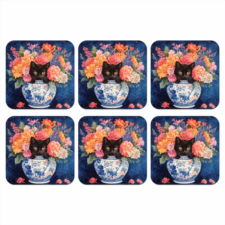 Onderzetter - Kat - Felgekleurde bloemen - Vaas — 1