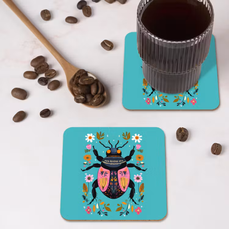 Onderzetter - Kever - Bloemmotieven - Turquoise - Bladeren — 4