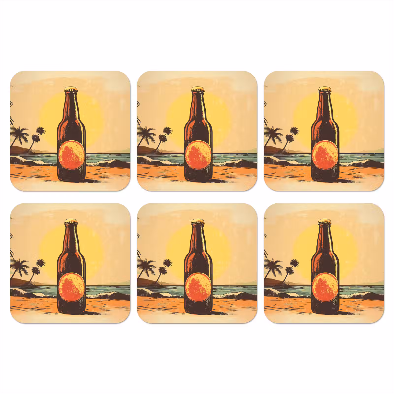 Onderzetter - Bierfles - Zonsondergang - Palmbomen - Zee — 1