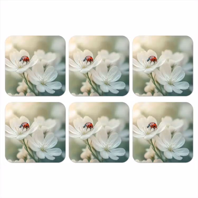 Onderzetter - Lieveheersbeestje - Bloemen - Wit — 1
