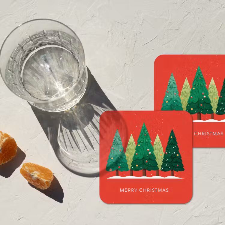 Onderzetter - Minimalistisch - Kerstbomen - Rood - Sneeuw — 3