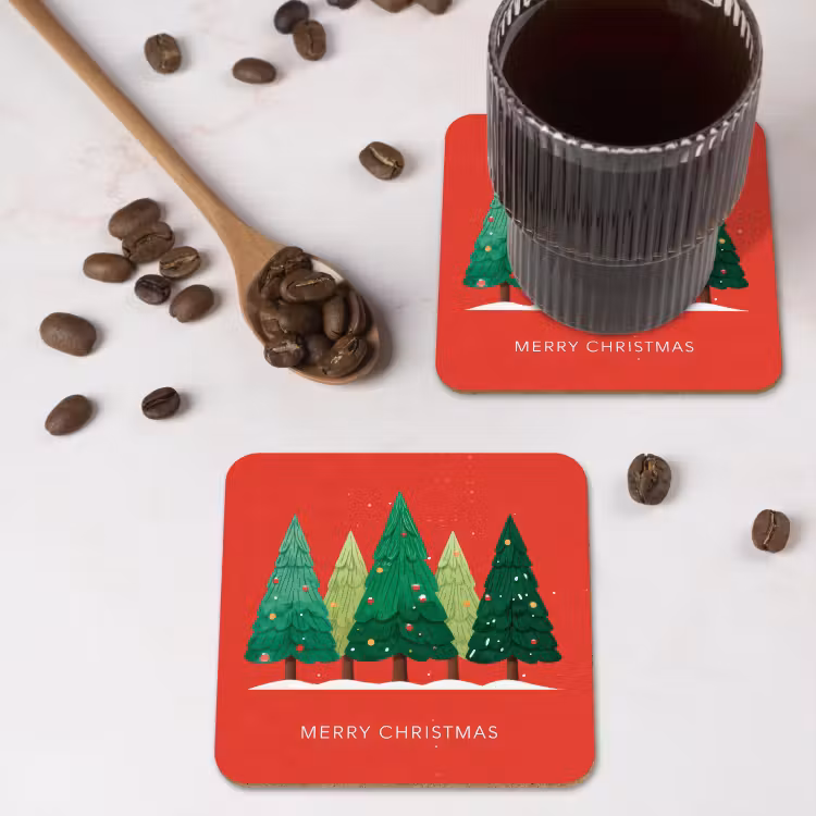 Onderzetter - Minimalistisch - Kerstbomen - Rood - Sneeuw — 4
