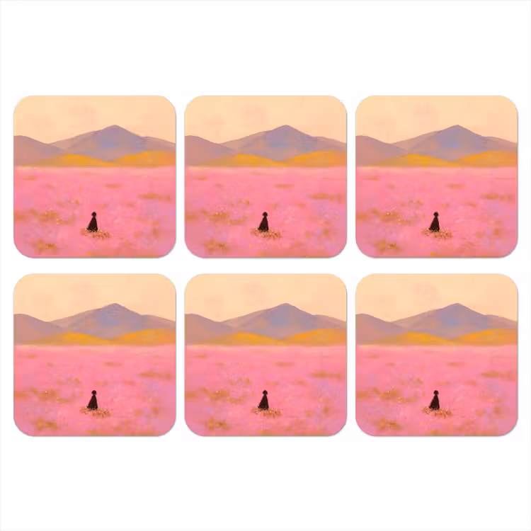 Onderzetter - Bloemenweide - Heuvels - Silhouet - Roze — 1