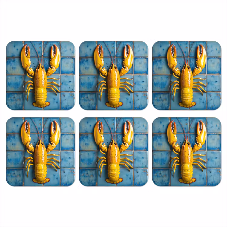 Onderzetter - Kreeft - Geel - Blauw - Tegels — 1