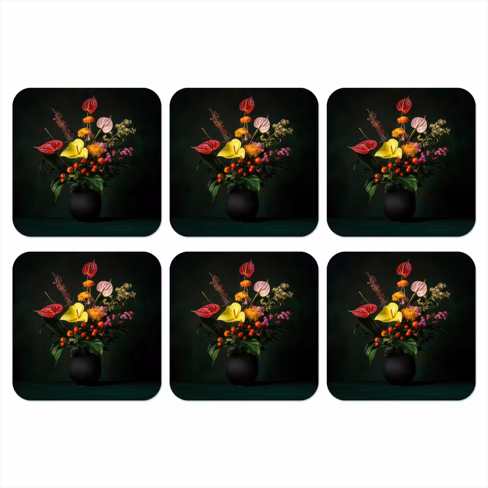 Onderzetter - Bloemen - Vaas - Zwart — 1