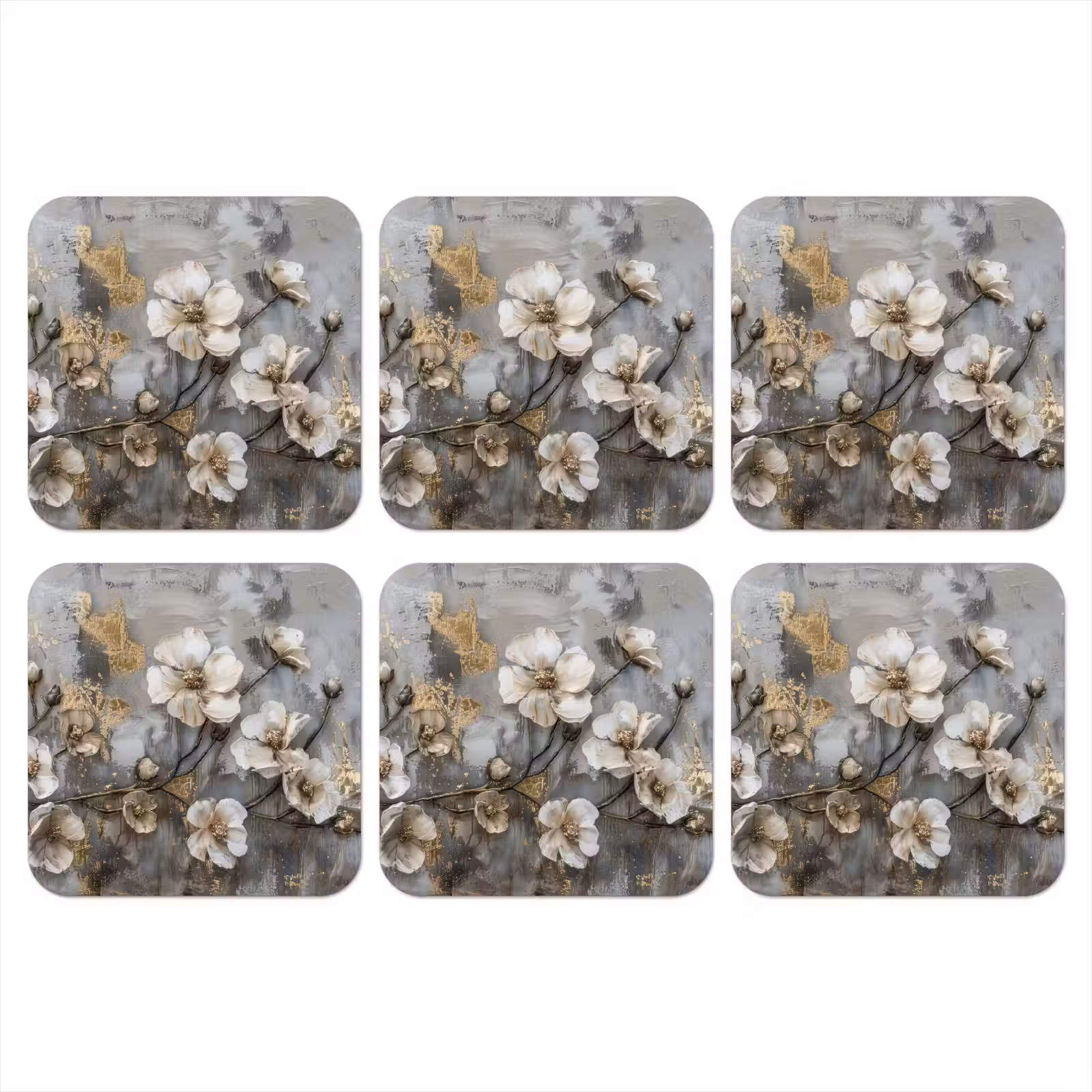 Onderzetter - Bloemen - Wit - Grijs - Goud - Luxe — 1
