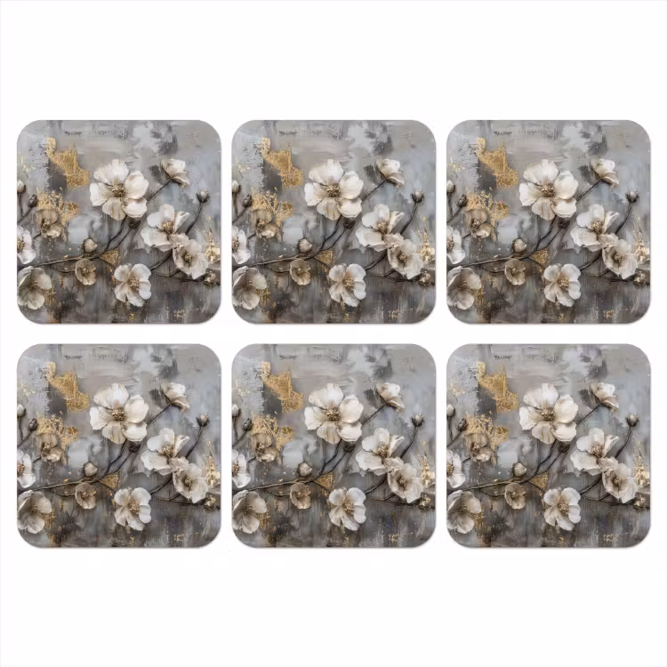 Onderzetter - Bloemen - Wit - Grijs - Goud - Luxe — 1