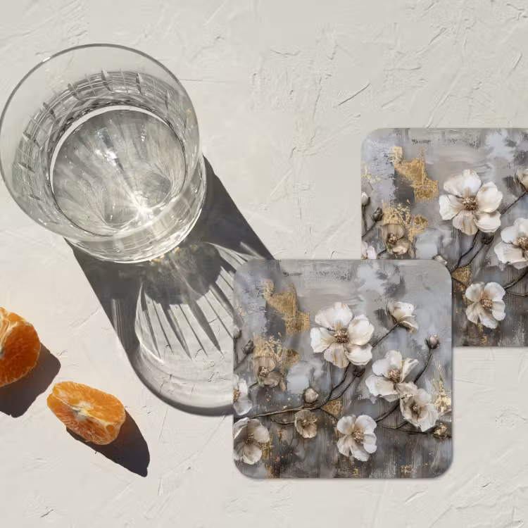 Onderzetter - Bloemen - Wit - Grijs - Goud - Luxe — 3