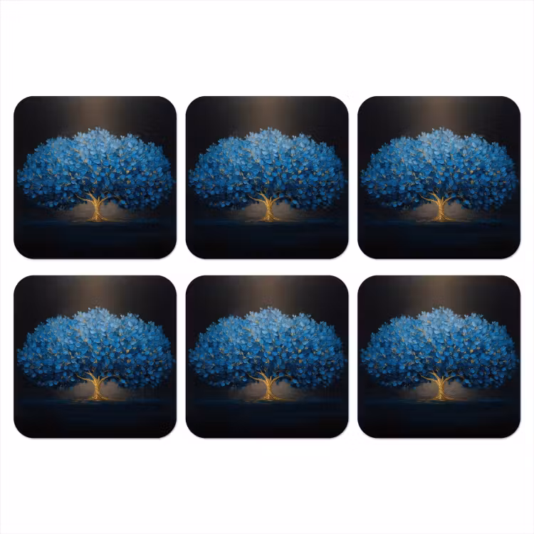 Onderzetter - Boom - Blauw - Bladeren - Penseelstreken — 1