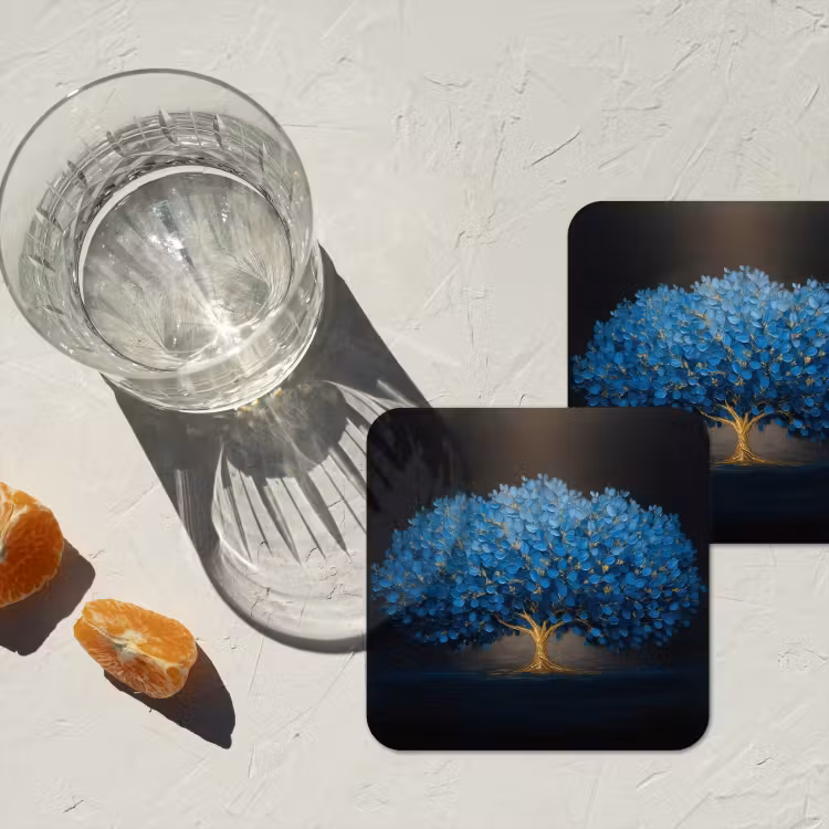 Onderzetter - Boom - Blauw - Bladeren - Penseelstreken — 3