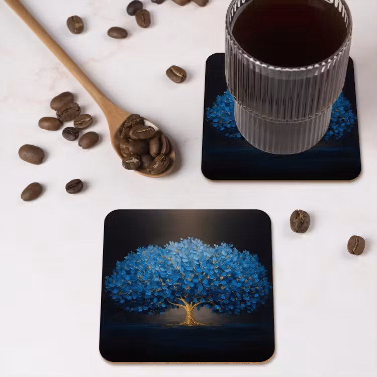 Onderzetter - Boom - Blauw - Bladeren - Penseelstreken — 4