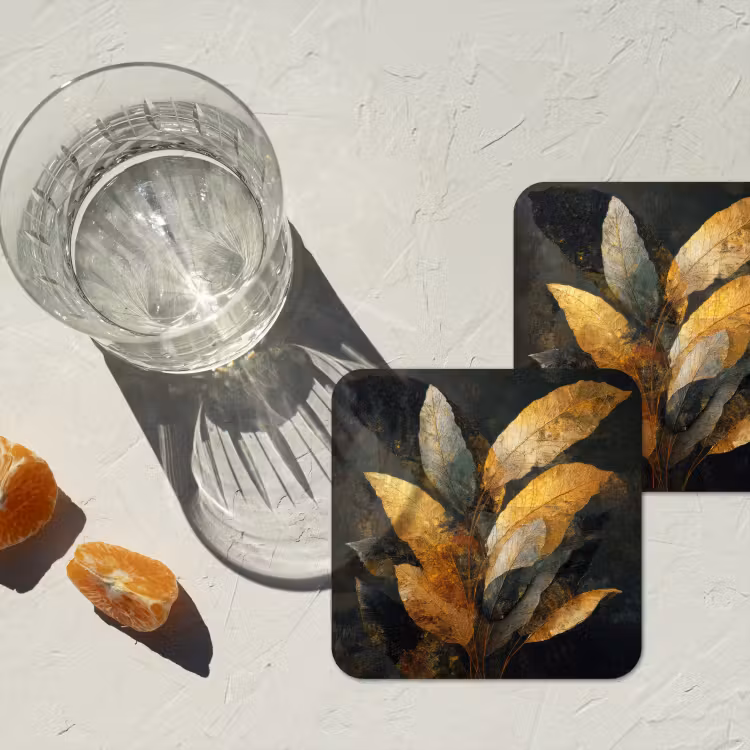 Onderzetter - Gouden Bladcompositie – Botanische Luxe — 3
