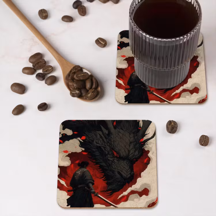 Onderzetter - Krijger - Draak - Zwart - Rood - Rook — 4