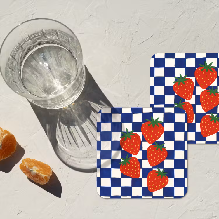 Onderzetter - Geblokt - Blauw - Aardbeien — 3