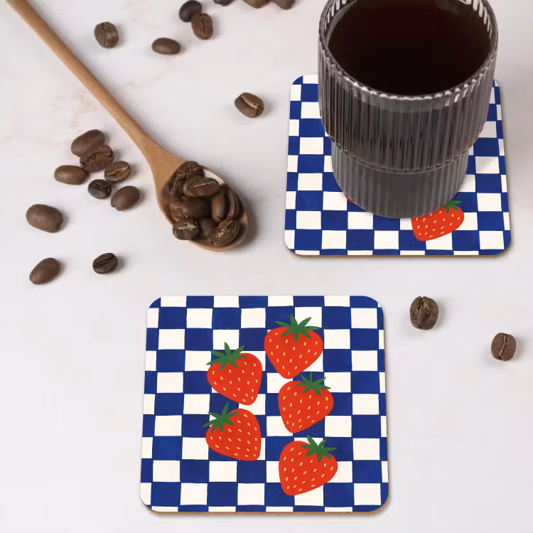 Onderzetter - Geblokt - Blauw - Aardbeien — 4
