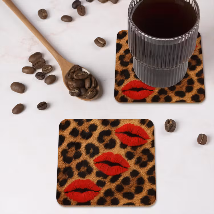 Onderzetter - Lippen - Drie - Rood - Panterprint — 4