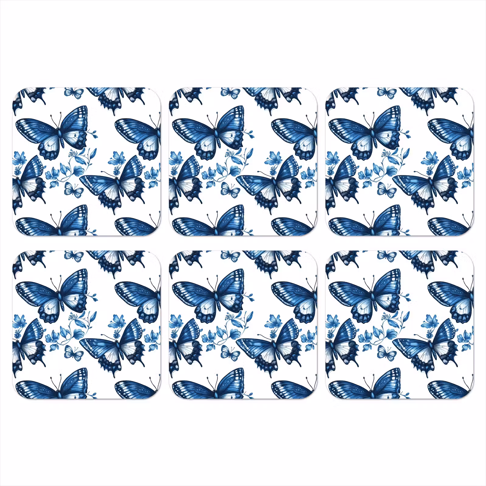 Onderzetter - Blauw - Vlinders - Bloemen - Wit — 1