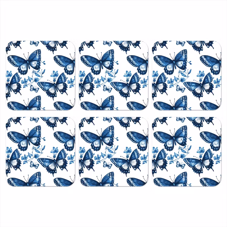 Onderzetter - Blauw - Vlinders - Bloemen - Wit — 1