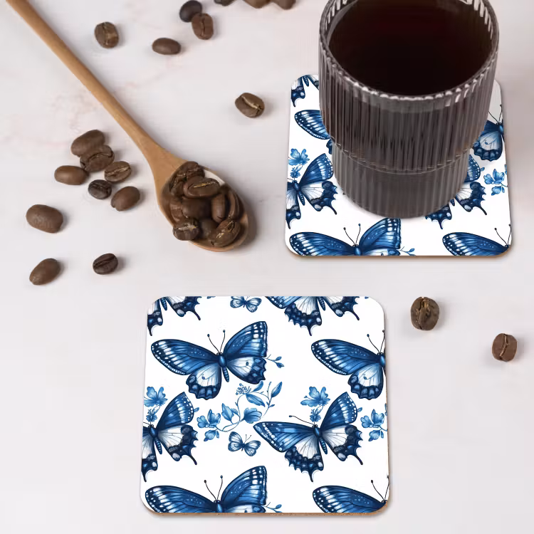 Onderzetter - Blauw - Vlinders - Bloemen - Wit — 4