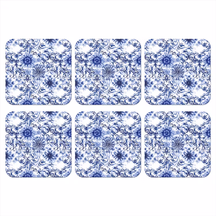 Onderzetter - Bloemen - Blauw - Patroon - Wit — 1