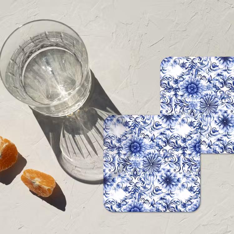 Onderzetter - Bloemen - Blauw - Patroon - Wit — 3