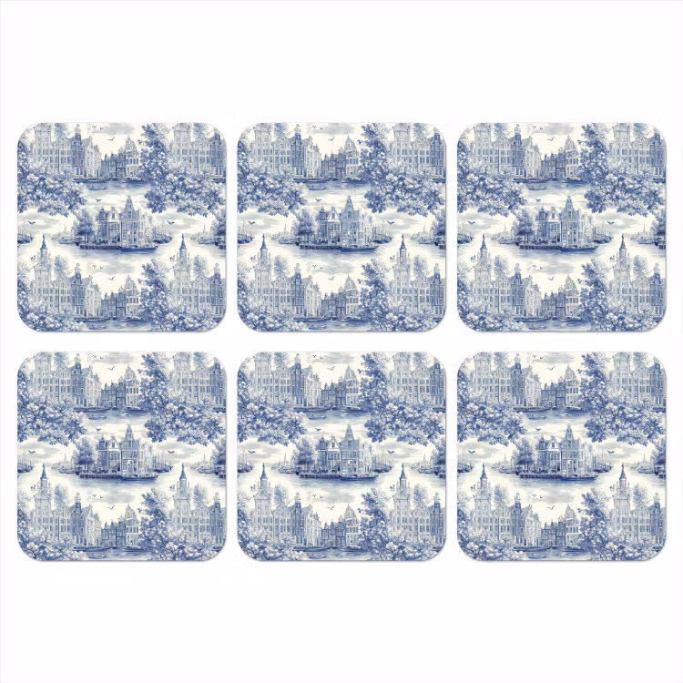 Onderzetter - Huizen - Bomen - Water - Vogels - Blauw — 1