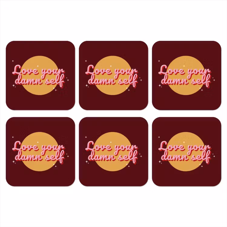 Onderzetter - love your damn self - Cirkel - Glitter - Rood — 1