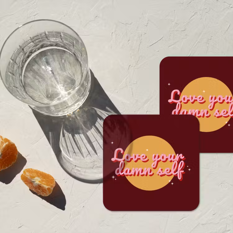 Onderzetter - love your damn self - Cirkel - Glitter - Rood — 3