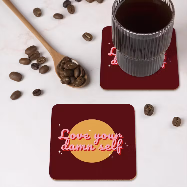 Onderzetter - love your damn self - Cirkel - Glitter - Rood — 4
