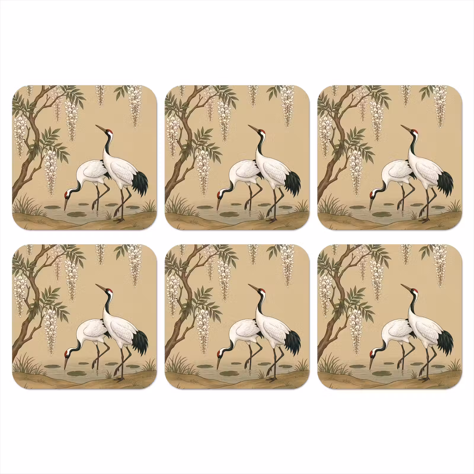 Onderzetter - Kraanvogels - Water - Beige — 1