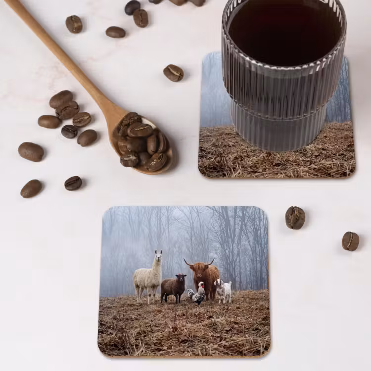 Onderzetter - Boerderijdieren - Groep - Mist - Natuur - Rustiek — 4