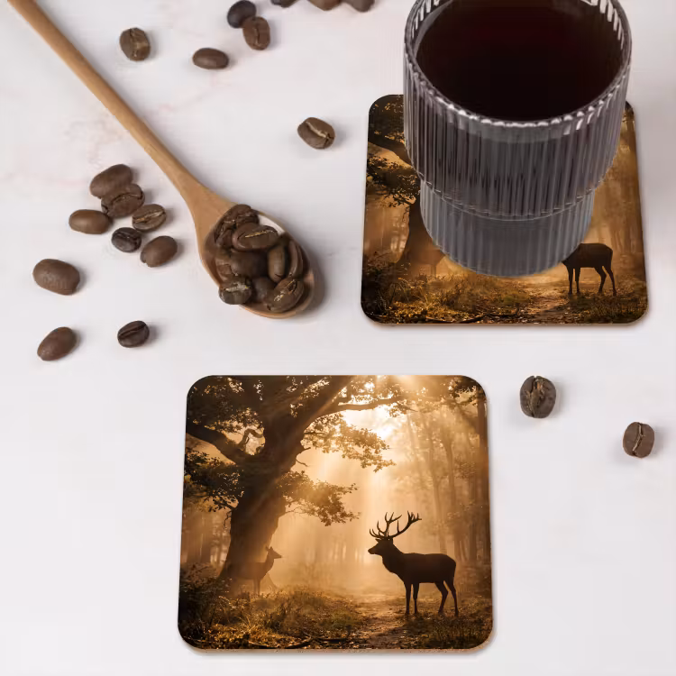 Onderzetter - Hert - Bos - Mistig - Natuur - Goud — 4