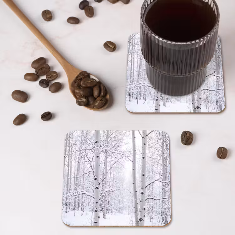 Onderzetter - Berkenbomen - Sneeuw - Winter - Bos - Wit — 4