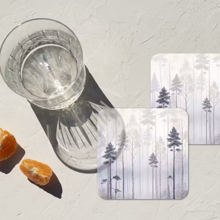 Onderzetter - Bos - Bomen - Mist - Natuur - Illustratie - Grijs — 3