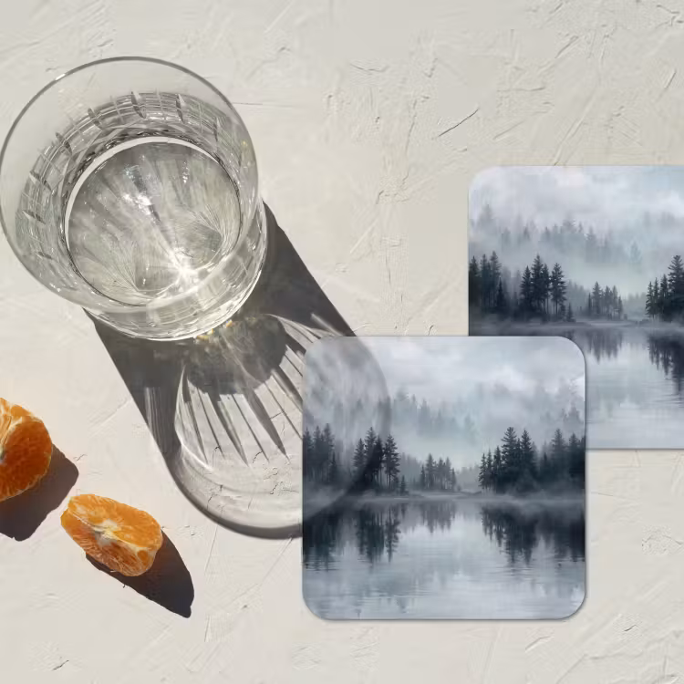 Onderzetter - Bos - Meer - Mist - Natuur - Grijs — 3