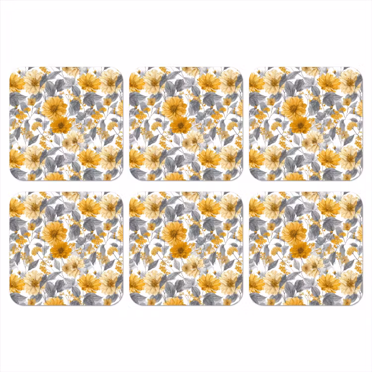 Onderzetter - Bloemen - Botanisch - Elegant - Okergeel - Grijs — 1