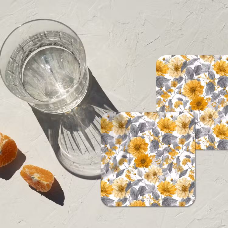 Onderzetter - Bloemen - Botanisch - Elegant - Okergeel - Grijs — 3