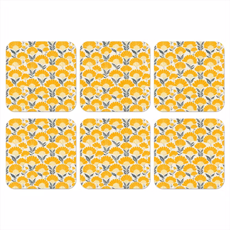 Onderzetter - Bloemen - Retro - Botanisch - Okergeel - Grijs — 1