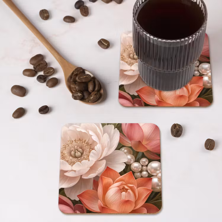 Onderzetter​ - Bloemen - Parels - Elegant - Roze - Wit — 4