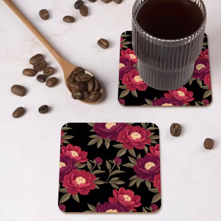 Onderzetter - Bloemen - Patroon - Botanisch - Rood - Zwart — 4