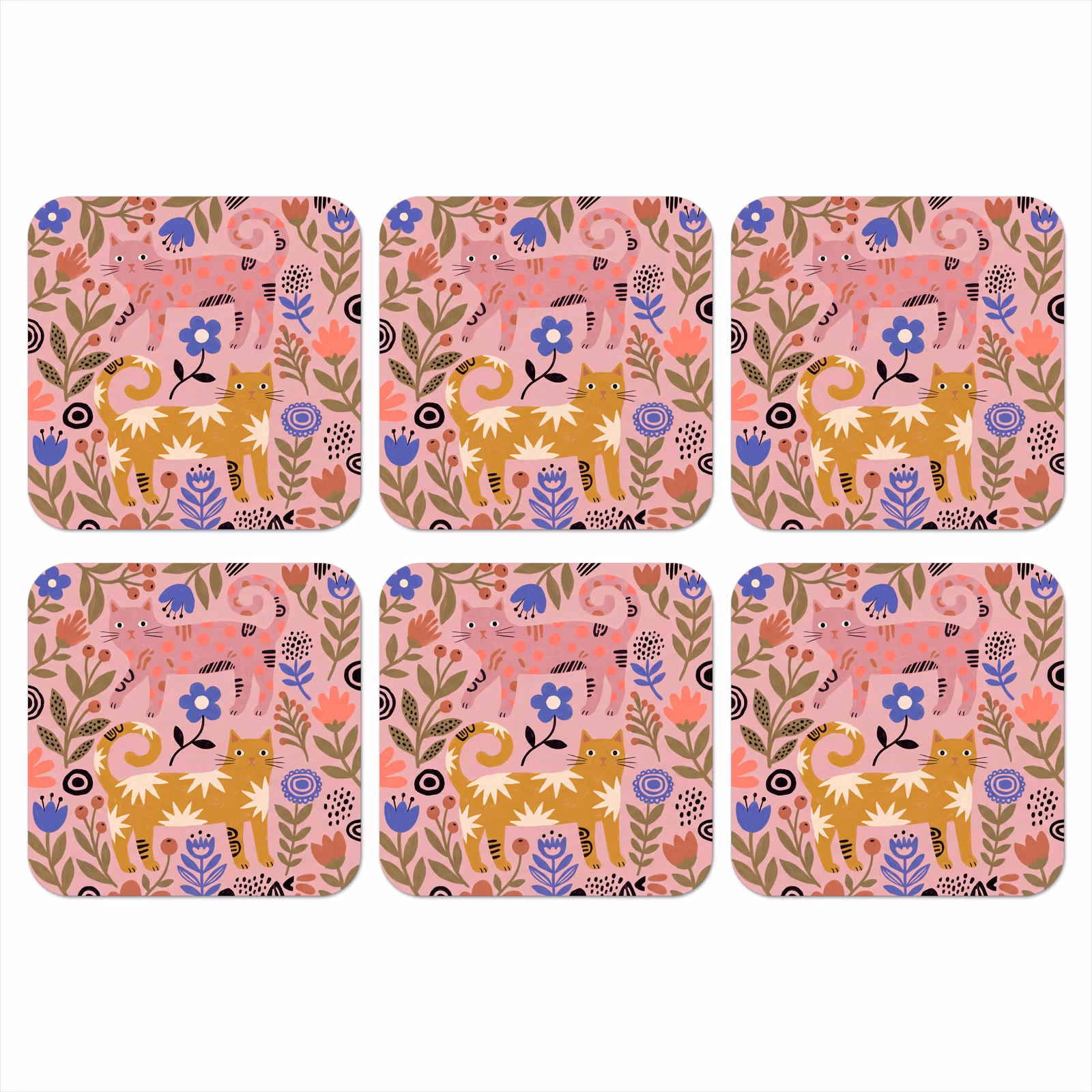 Onderzetter - Kat - Bloemen - Dieren - Modern - Roze — 1