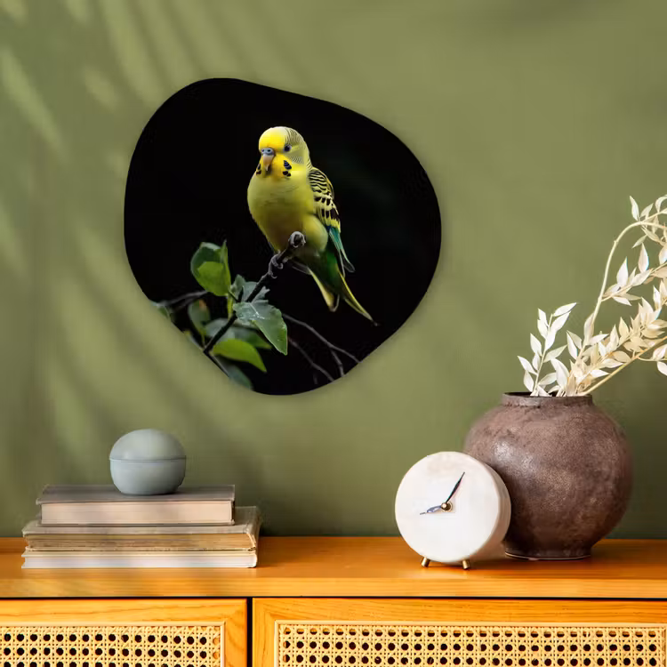 Organisch schilderij - Forex - Parkiet - Tak - Bladeren - Geel — 2