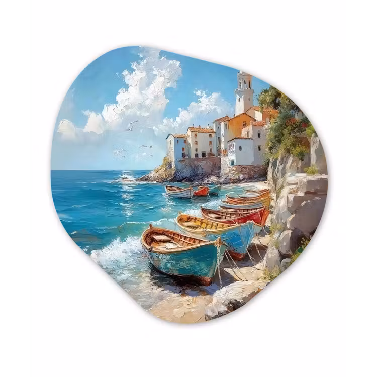 Organisch schilderij - Forex - Boten - Rotsen - Zee - Zon — 1