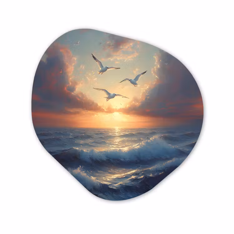 Organisch schilderij - Forex - Meeuwen - Zonsondergang - Zee - Wolken — 1